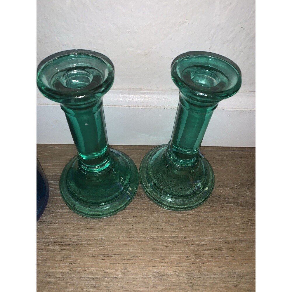 Green Glass Blacklight Luminescent Candlestick Holders - Lot Of 2